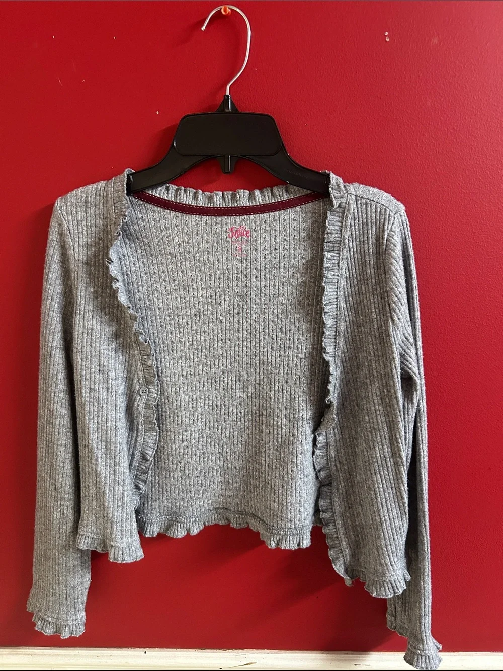 Justice Gray Ribbed Ruffle-Trim Sweater cardigan sz 7-8